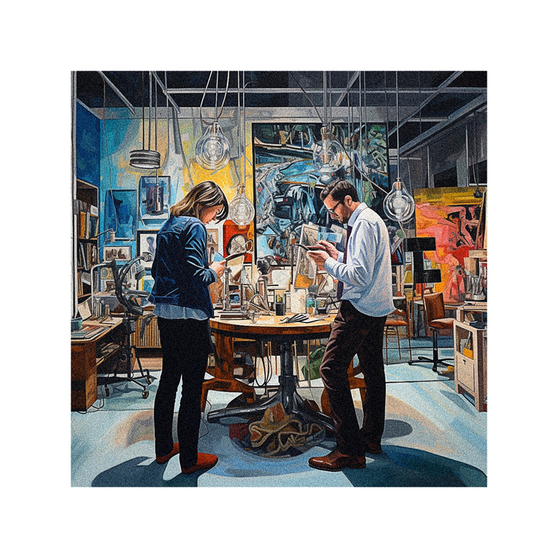 A painting of two people looking at a table in a room.
