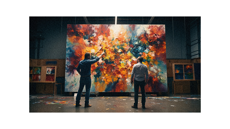 Two men standing in front of a large painting.
