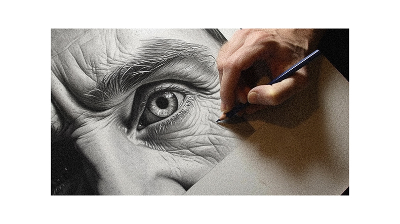 A person is drawing an eye on a piece of paper.