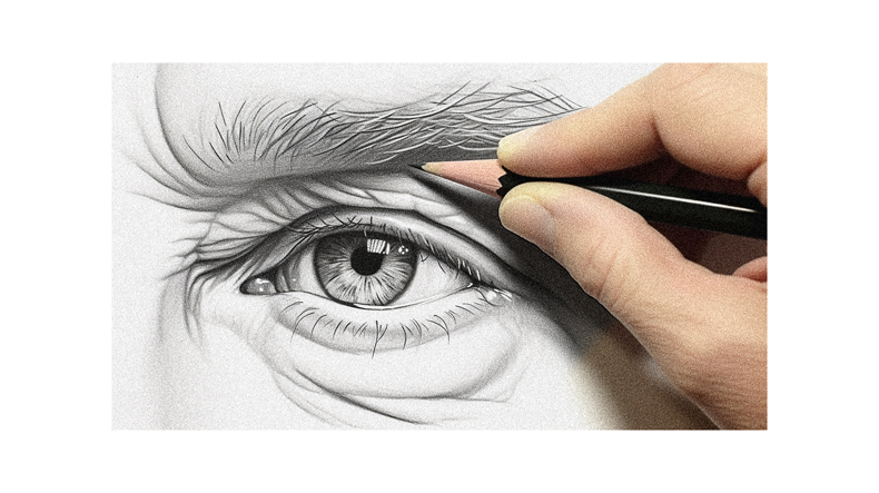 A person drawing an eye with a pencil.