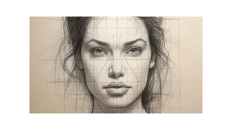 A pencil drawing of a woman's face.