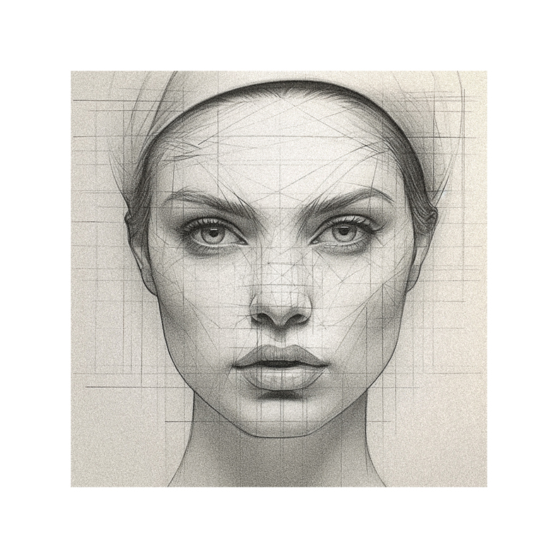 A pencil drawing of a woman's face.