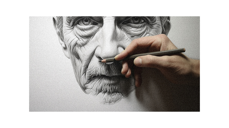 A person drawing an old man's face with a pencil.
