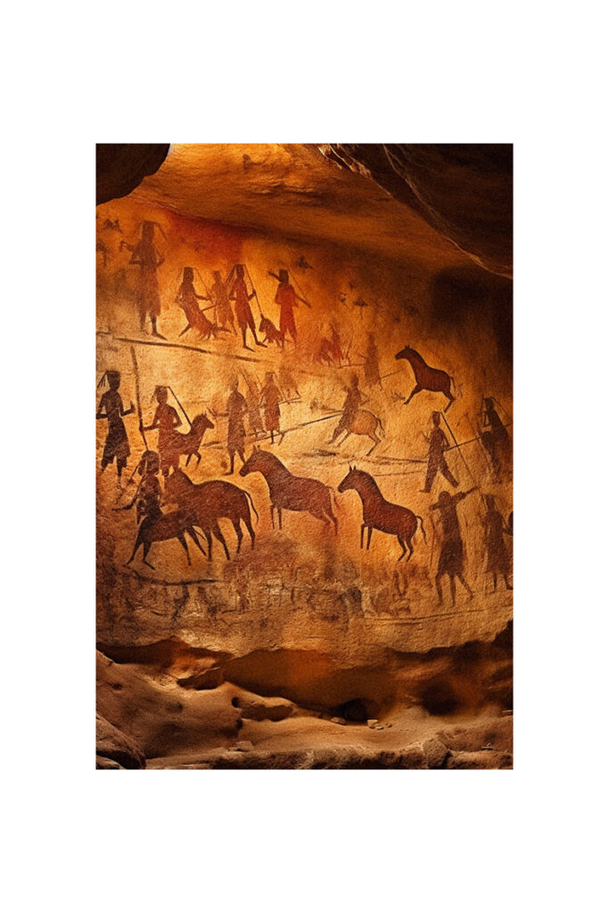 A painting of people riding horses in a cave.
