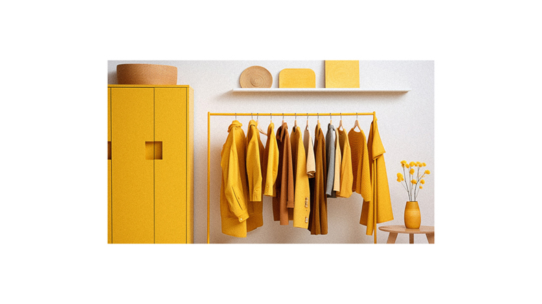 A yellow room with clothes hanging on a rack.