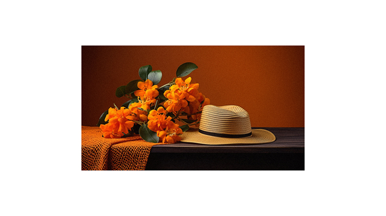 A hat and orange flowers on a table.