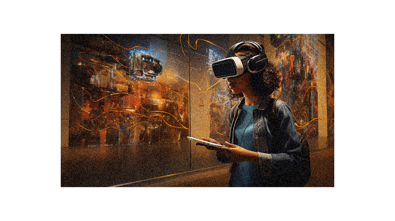 A woman wearing a vr headset in a museum.