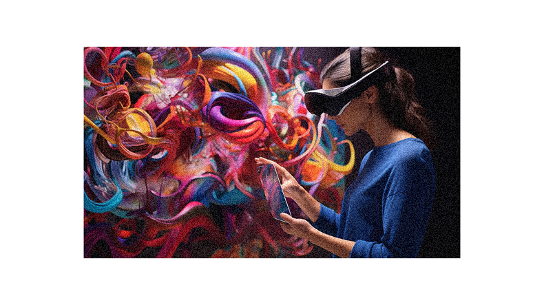 A woman wearing a virtual reality headset in front of a colorful painting.