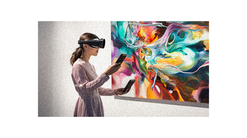 A woman wearing a vr headset looking at a painting.