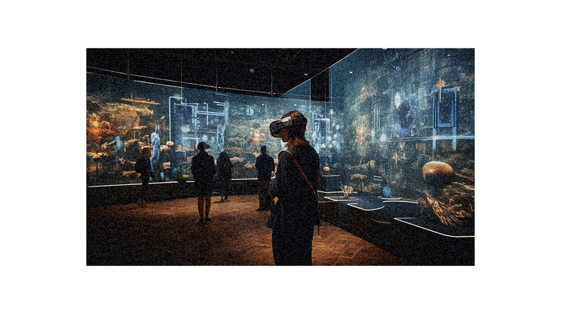A group of people in a museum looking at a display.