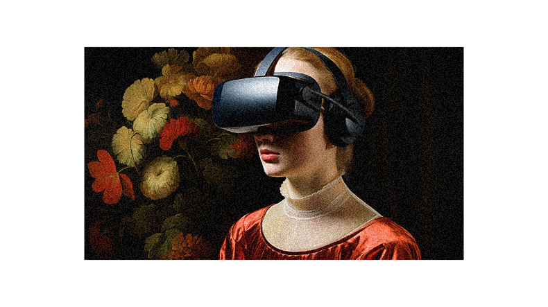 A woman wearing a vr headset in front of a painting.