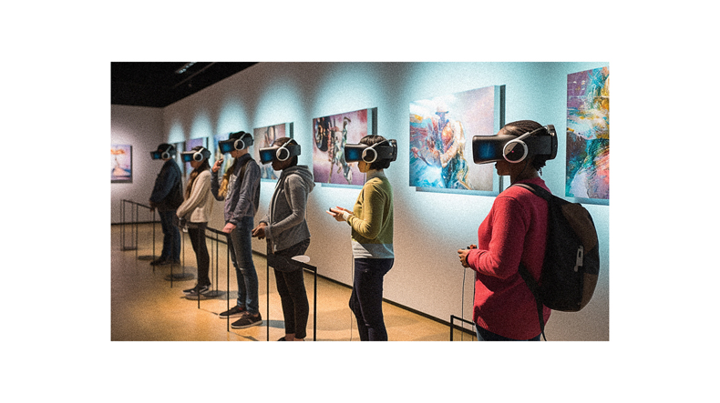 A group of people standing in front of a display of vr headsets.