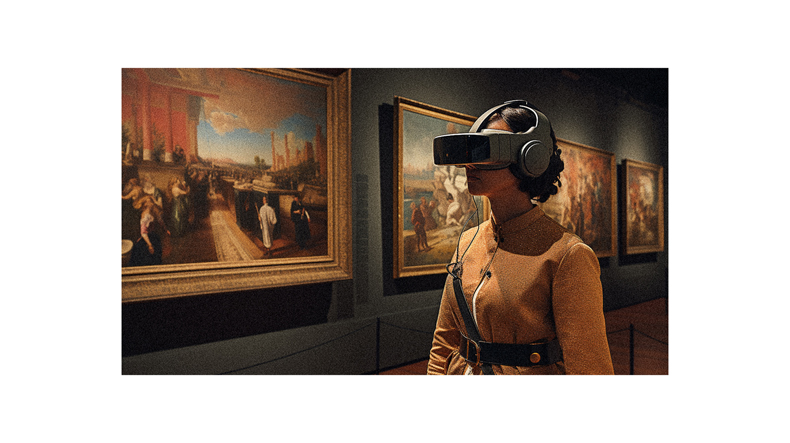 A woman wearing a vr headset in front of paintings.