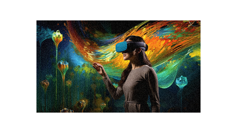 A woman wearing a vr headset in front of a painting.