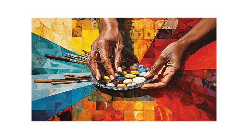 A painting of a hand holding a bowl of colorful candy.