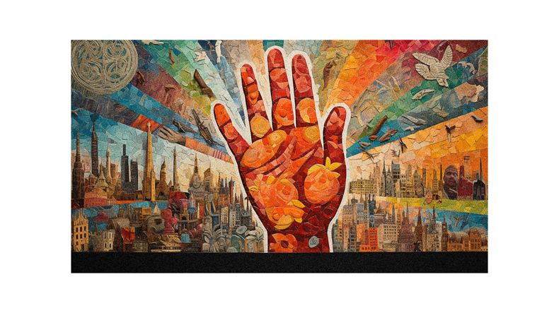 A painting of a hand with a city in the background.