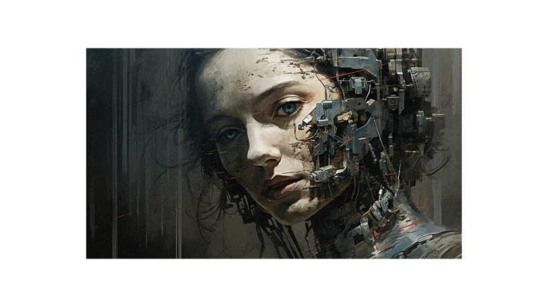 A painting of a woman with a robot face.