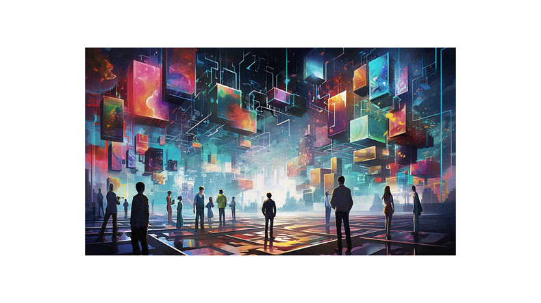 A painting of people in a futuristic city.