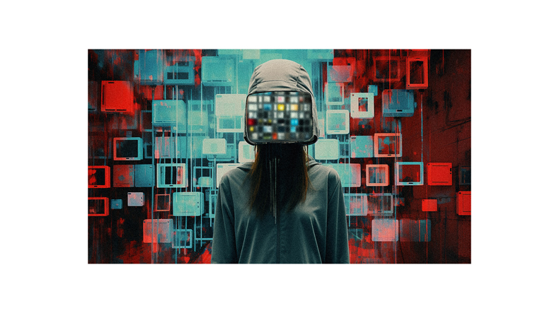 An image of a woman with a cell phone on her head.