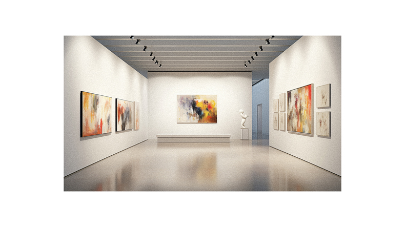 An art gallery with paintings hanging on the wall.