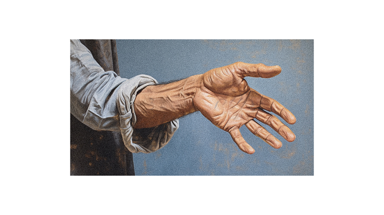 A painting of a man's hand reaching out.