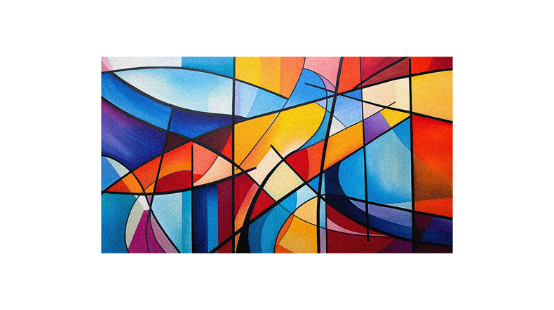 An abstract painting with colorful lines and shapes.