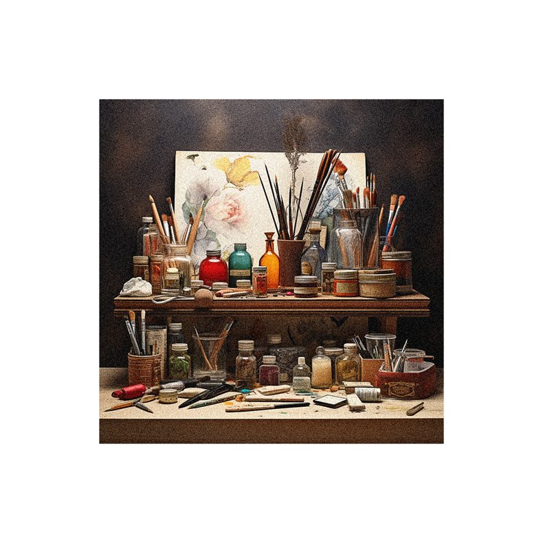An artist's studio with brushes, paints, and other supplies.
