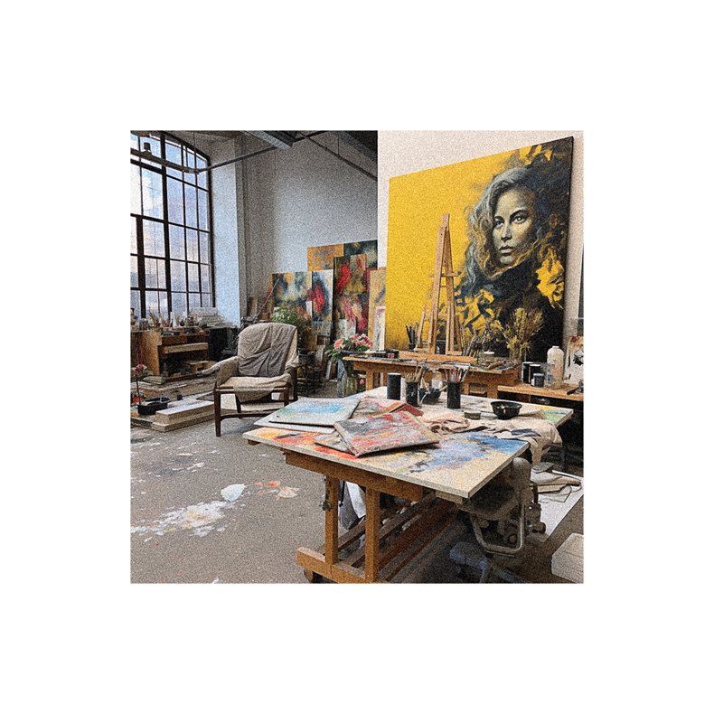 An artist's studio with a painting on the wall.