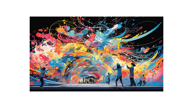 A painting of people in a tunnel with colorful splatters.