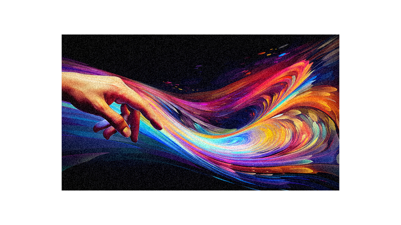 An abstract painting of a hand with colorful swirls.