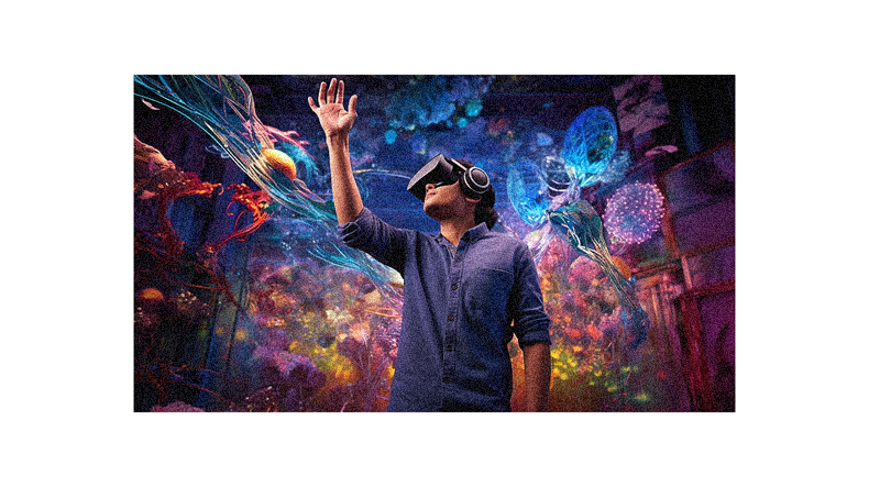A man wearing a vr headset in front of a colorful background.