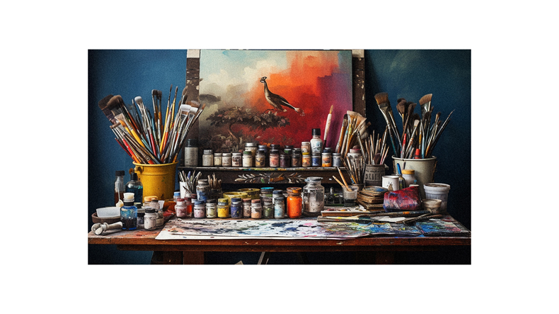 An artist's studio with paints and brushes on a table.