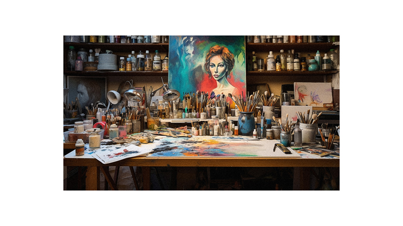 An artist's studio with a painting of a woman on a table.