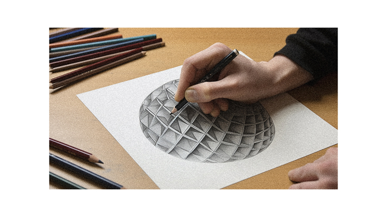 A person is drawing a 3d sphere with colored pencils.