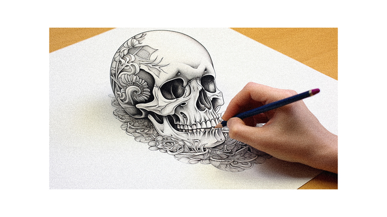 A person is drawing a skull on a piece of paper.
