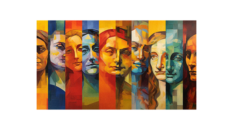 A painting of a group of people in different colors.