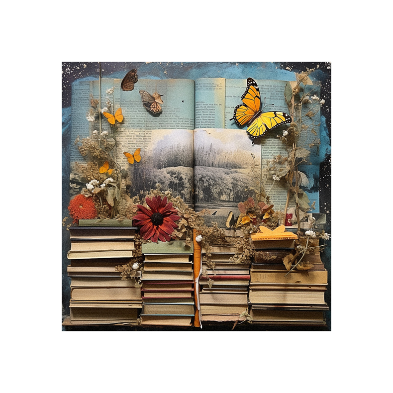 An open book with butterflies and flowers on it.