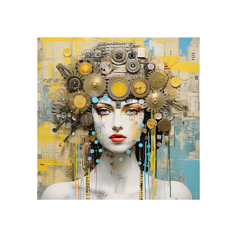 A painting of a woman with gears on her head.