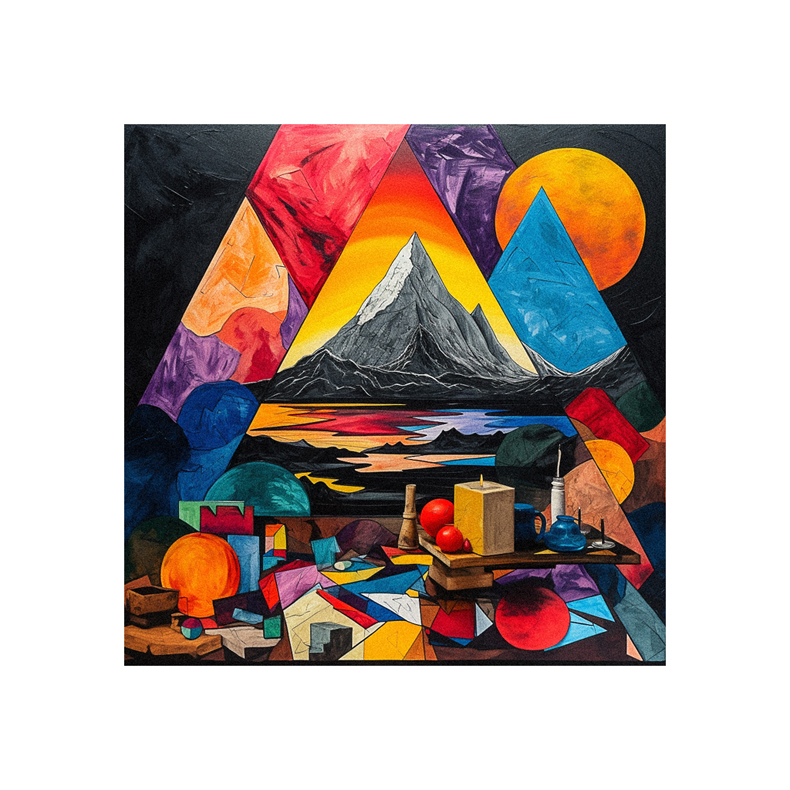 A painting of a mountain with a colorful background.