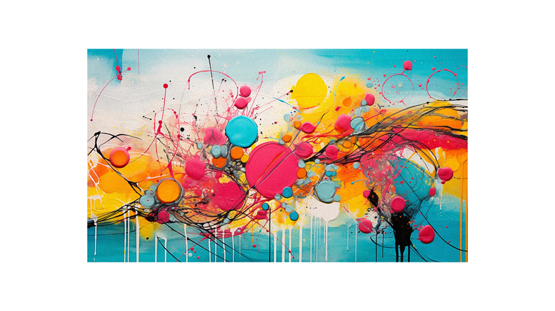 An abstract painting with colorful balloons on a blue background.