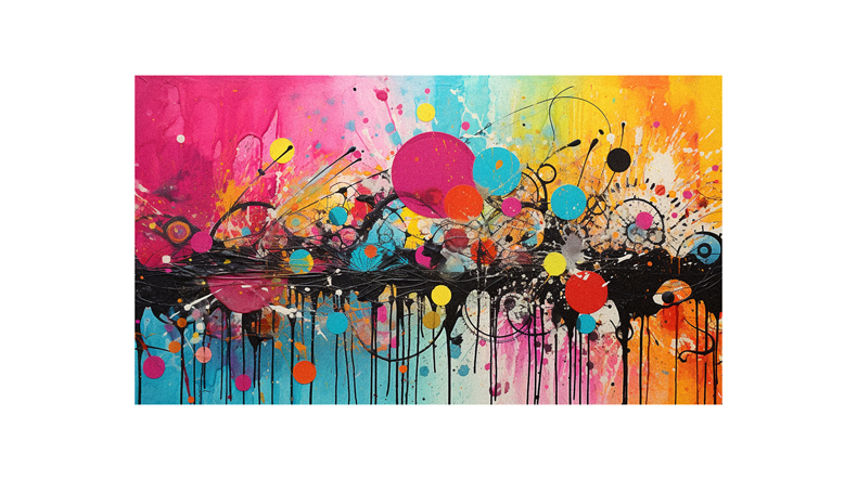 An abstract painting with colorful splatters and splatters.