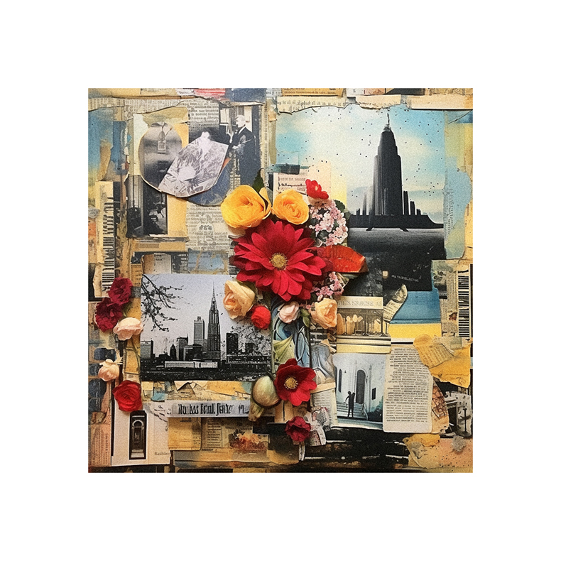 A collage with flowers and a city skyline.