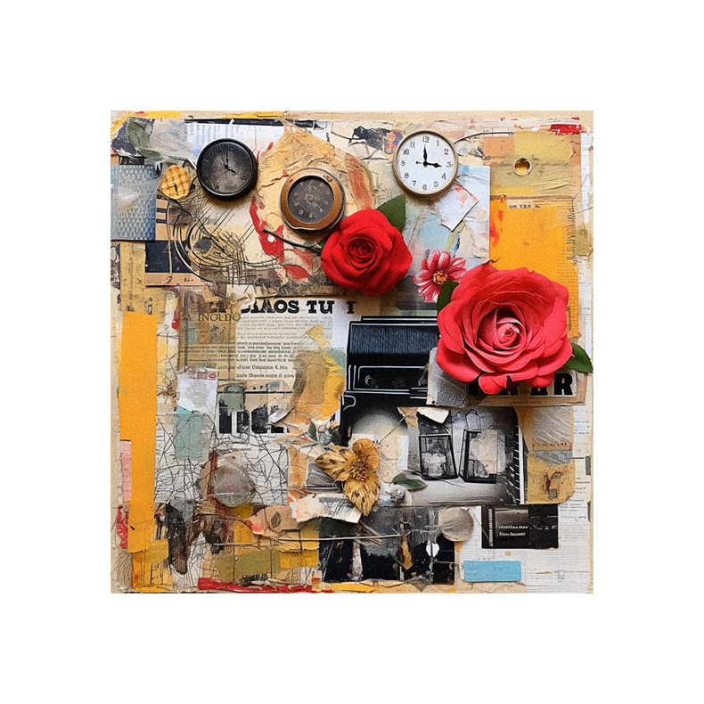 A collage with a clock and a rose.