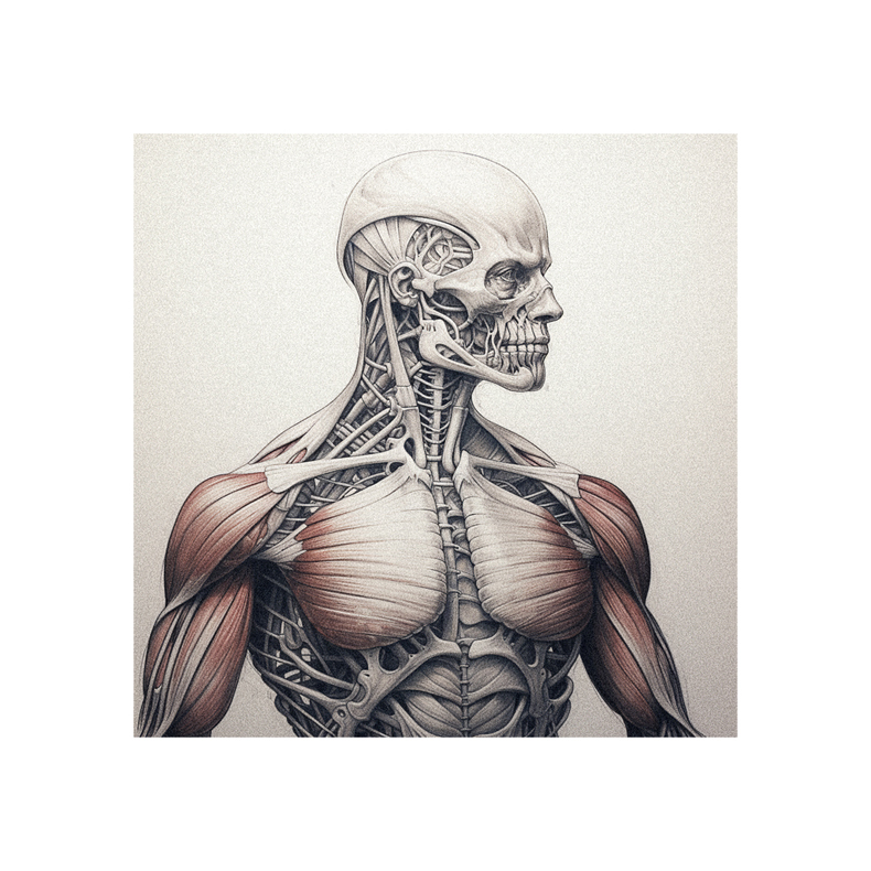 A drawing of the human skeleton and muscles.