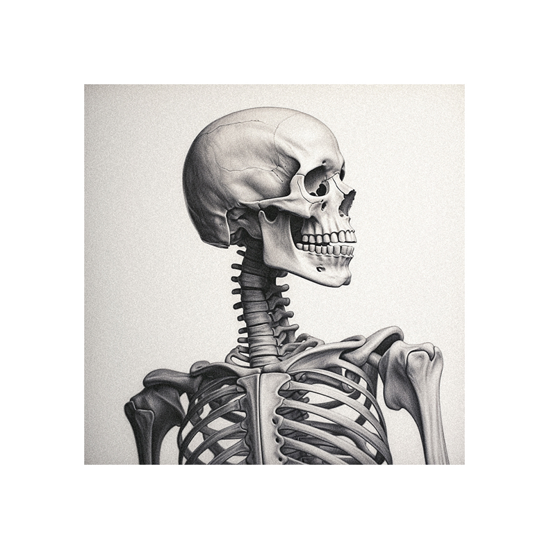 A drawing of a skeleton in pencil.
