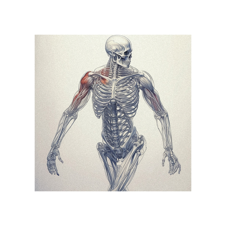 A drawing of a skeleton with muscles.