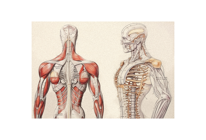 A drawing of the human skeleton and muscles.