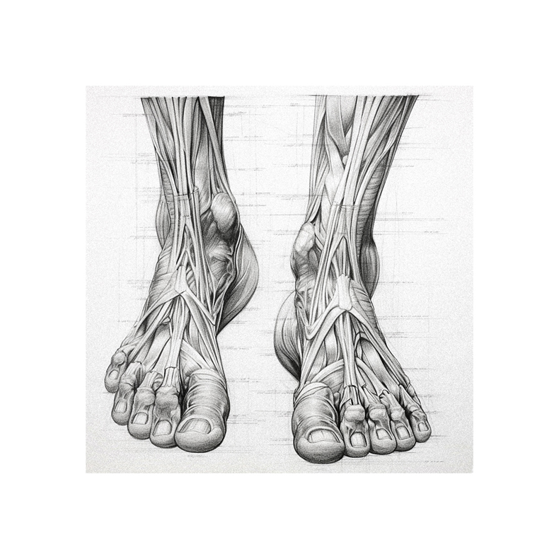 A drawing of a human foot showing the muscles and tendons.