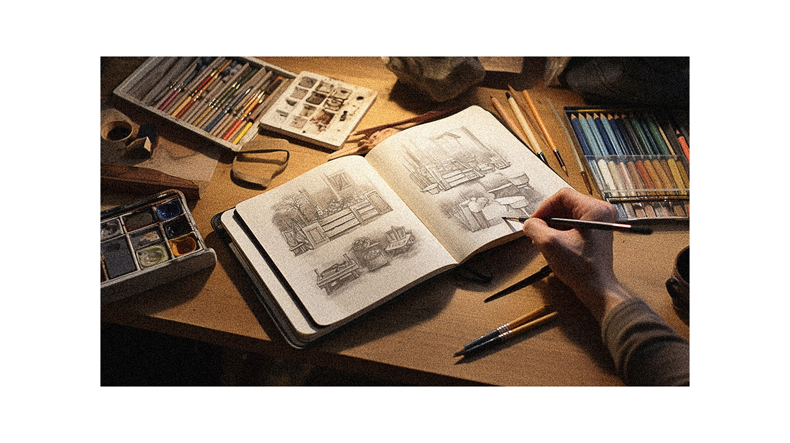 A person is drawing in a sketchbook on a desk.