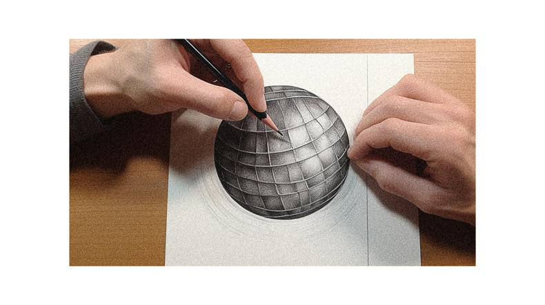 A person is drawing a 3d sphere on a piece of paper.